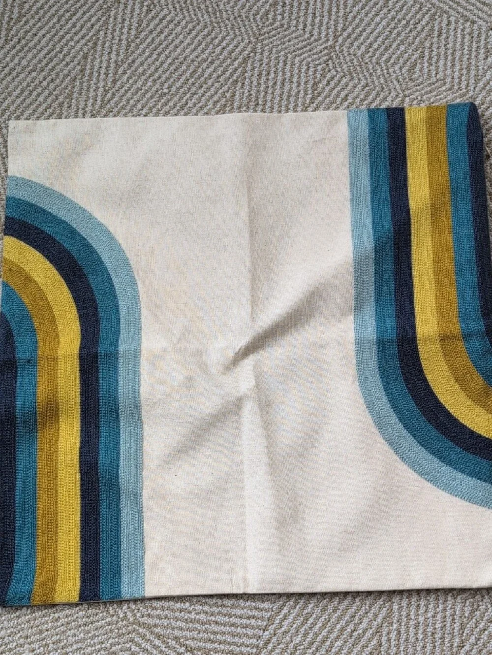 Set of 2 Retro Rainbow Stripe Linen-Blend Pillow Covers Shams Blue & Mustard